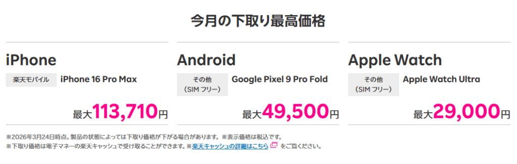 楽天モバイルのスマホ下取りサービス査定額